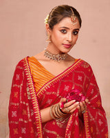 Vishal Prints Shiraz Red Designer Chiffon Saree With Foil Print And Zari Border