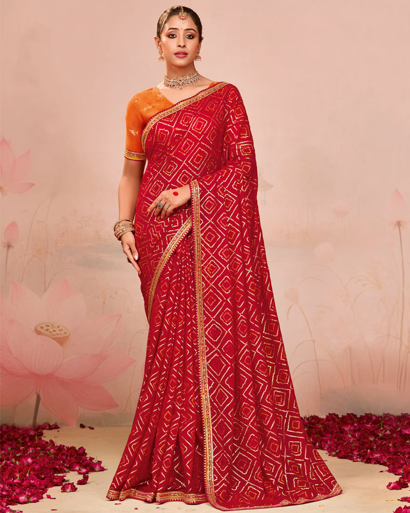 Vishal Prints Lava Red Designer Chiffon Saree With Foil Print And Zari Border