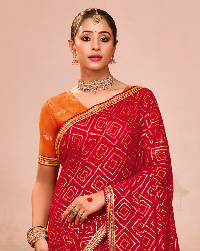 Vishal Prints Lava Red Designer Chiffon Saree With Foil Print And Zari Border