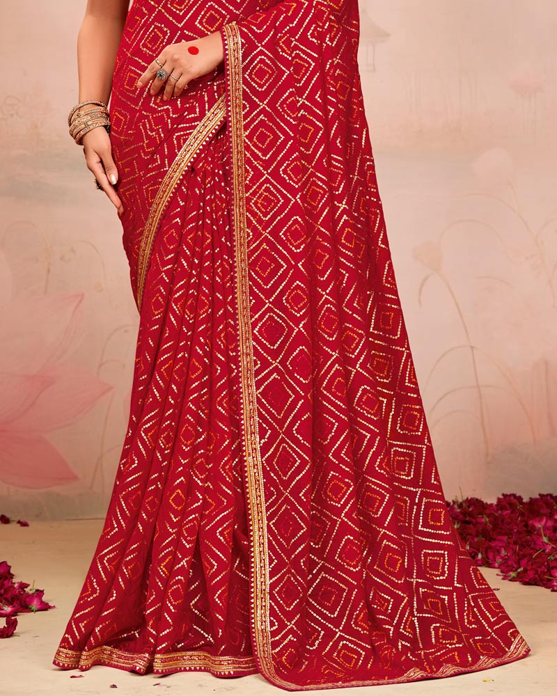 Vishal Prints Lava Red Designer Chiffon Saree With Foil Print And Zari Border
