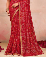 Vishal Prints Lava Red Designer Chiffon Saree With Foil Print And Zari Border