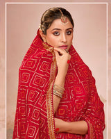 Vishal Prints Lava Red Designer Chiffon Saree With Foil Print And Zari Border