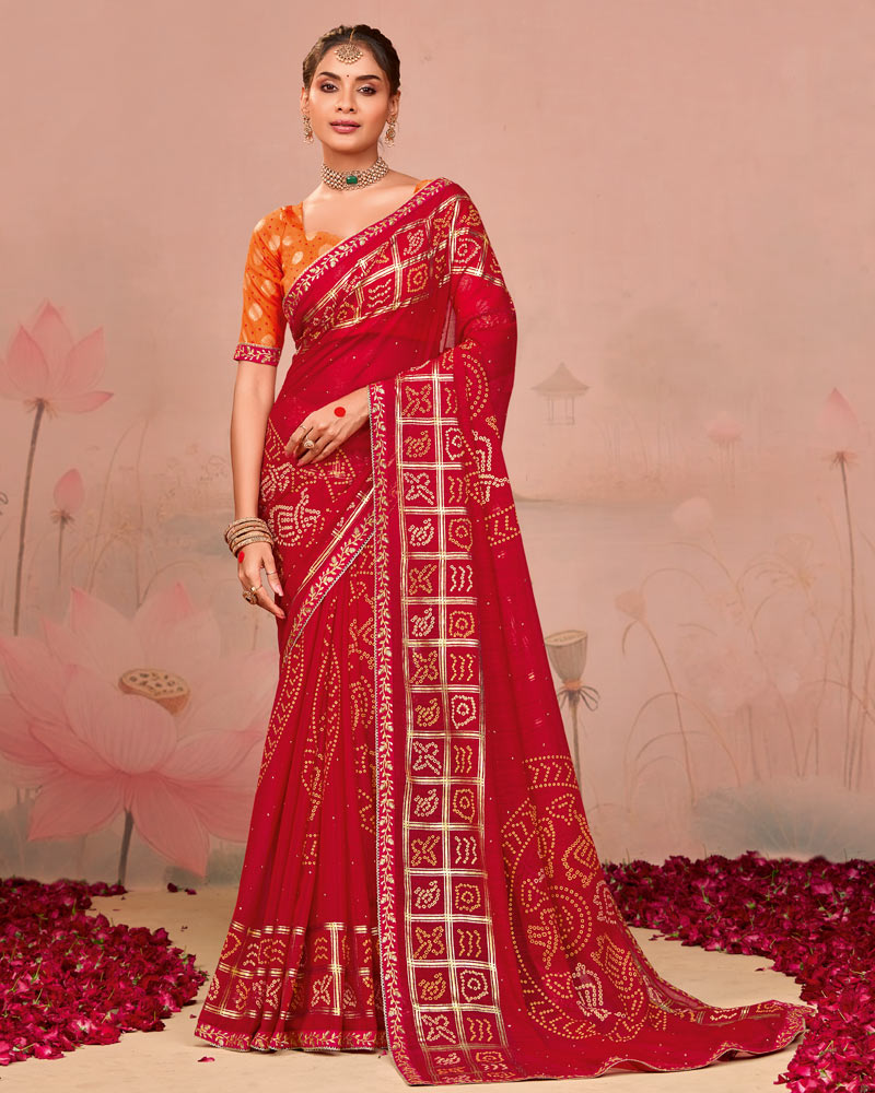Vishal Prints Scarlet Red Designer Chiffon Saree With Foil Print And Zari Border