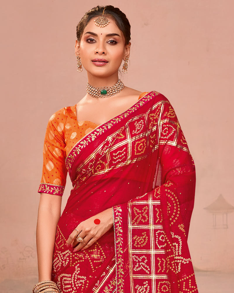 Vishal Prints Scarlet Red Designer Chiffon Saree With Foil Print And Zari Border