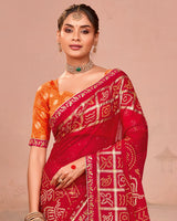 Vishal Prints Scarlet Red Designer Chiffon Saree With Foil Print And Zari Border