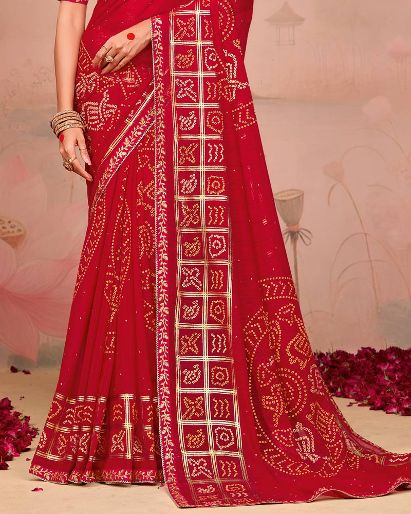 Vishal Prints Scarlet Red Designer Chiffon Saree With Foil Print And Zari Border