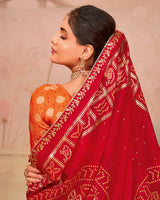Vishal Prints Scarlet Red Designer Chiffon Saree With Foil Print And Zari Border