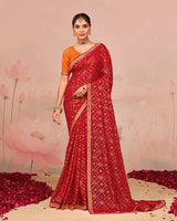 Vishal Prints Lipstick Red Designer Chiffon Saree With Foil Print And Zari Border