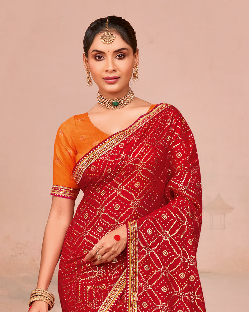 Vishal Prints Lipstick Red Designer Chiffon Saree With Foil Print And Zari Border