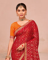 Vishal Prints Lipstick Red Designer Chiffon Saree With Foil Print And Zari Border