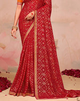 Vishal Prints Lipstick Red Designer Chiffon Saree With Foil Print And Zari Border