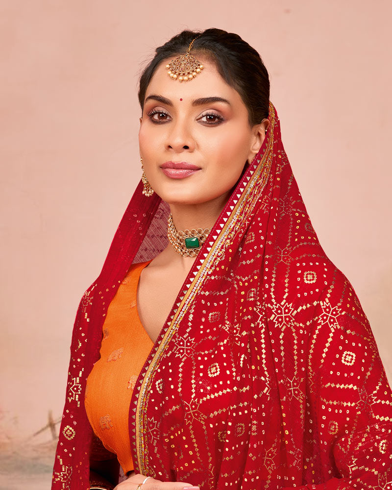 Vishal Prints Lipstick Red Designer Chiffon Saree With Foil Print And Zari Border