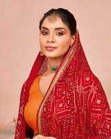 Vishal Prints Lipstick Red Designer Chiffon Saree With Foil Print And Zari Border