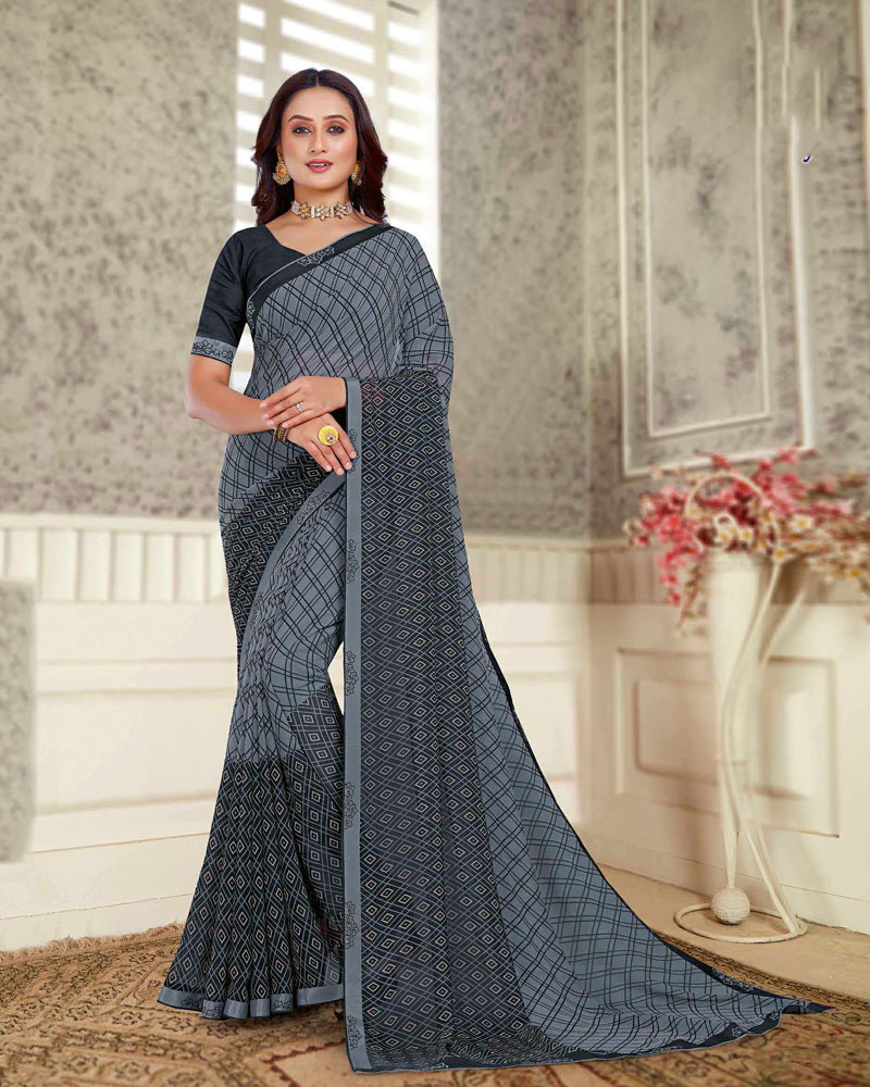 Vishal Prints Slate Grey Printed Georgette Saree With Fancy Border