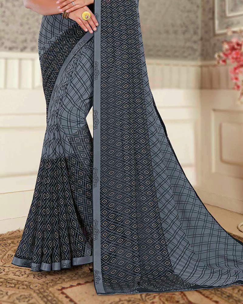 Vishal Prints Slate Grey Printed Georgette Saree With Fancy Border