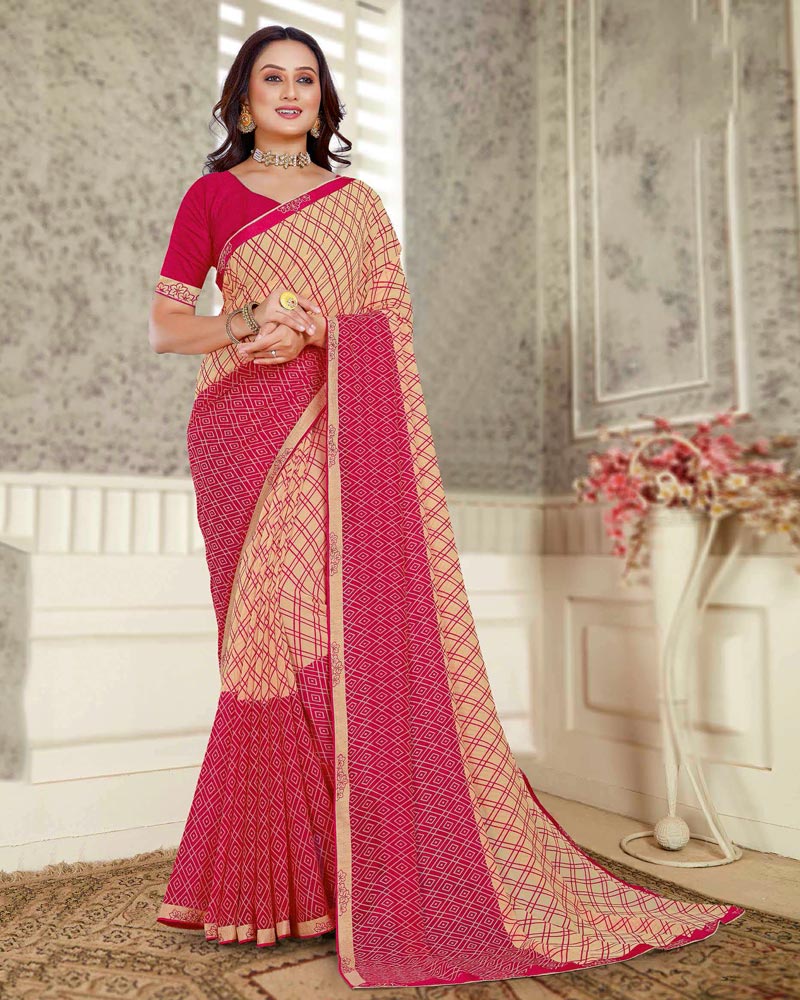 Vishal Prints Pastel Orange And Pinkish Red Printed Georgette Saree With Fancy Border