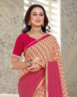 Vishal Prints Pastel Orange And Pinkish Red Printed Georgette Saree With Fancy Border