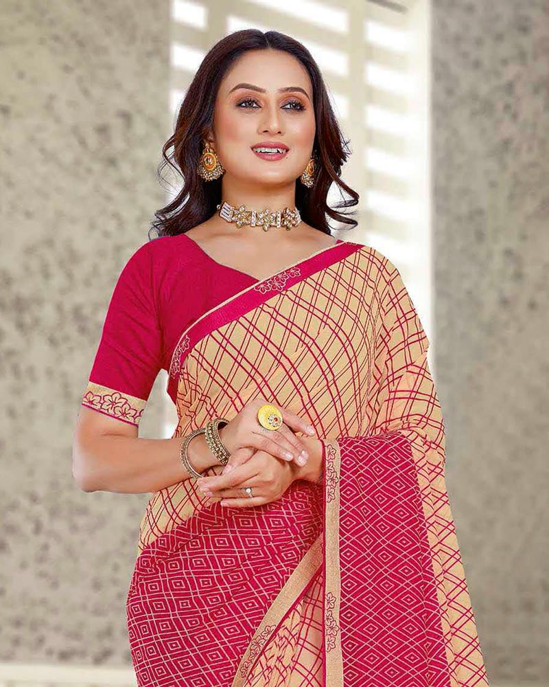 Vishal Prints Pastel Orange And Pinkish Red Printed Georgette Saree With Fancy Border