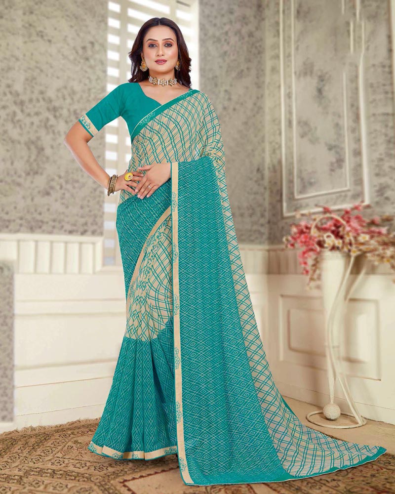 Vishal Prints Dusty Teal Green Printed Georgette Saree With Fancy Border