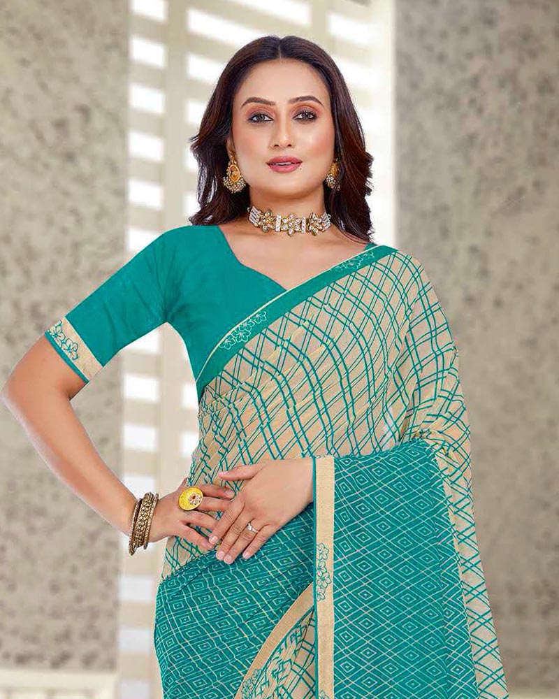 Vishal Prints Dusty Teal Green Printed Georgette Saree With Fancy Border