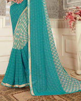 Vishal Prints Dusty Teal Green Printed Georgette Saree With Fancy Border