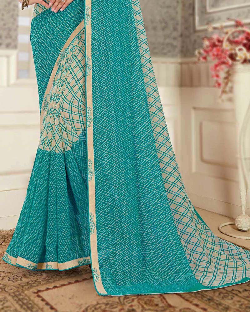Vishal Prints Dusty Teal Green Printed Georgette Saree With Fancy Border
