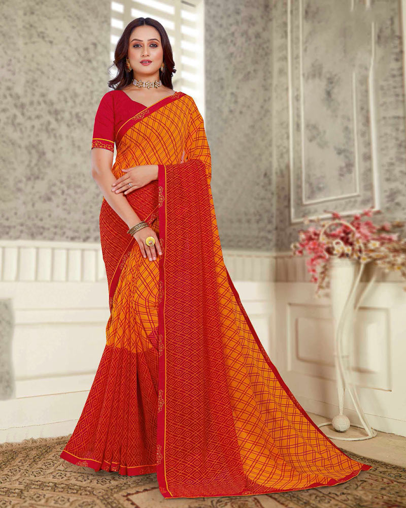 Vishal Prints Pumpkin Orange And Dark Red Printed Georgette Saree With Fancy Border