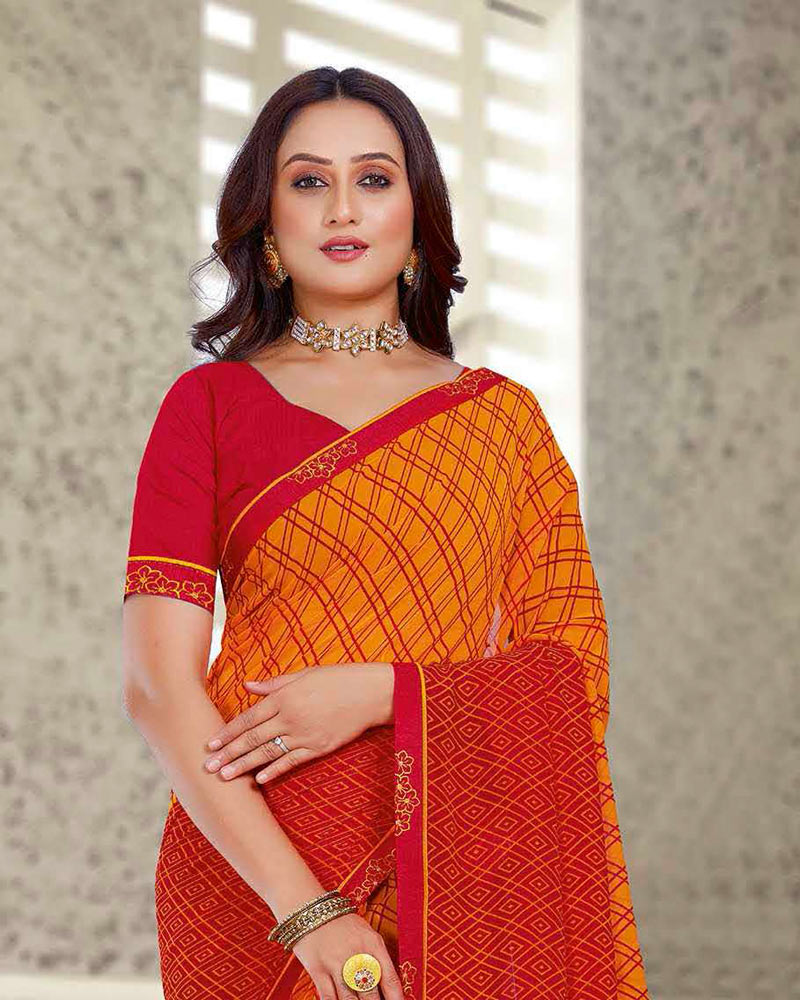 Vishal Prints Pumpkin Orange And Dark Red Printed Georgette Saree With Fancy Border
