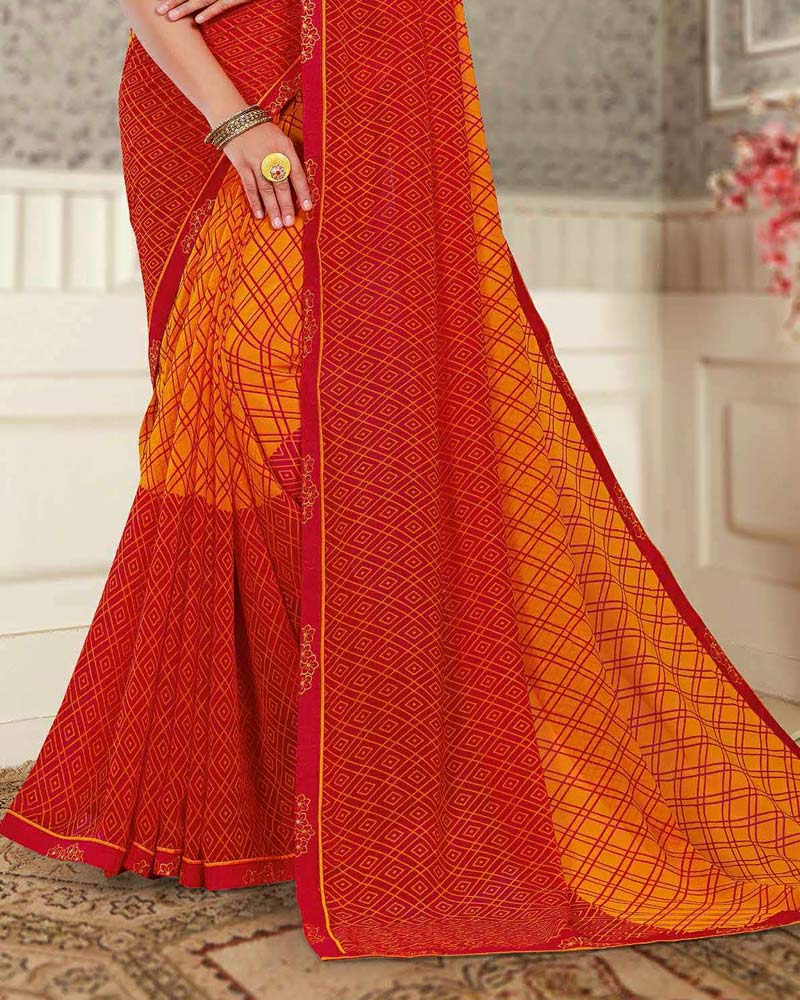 Vishal Prints Pumpkin Orange And Dark Red Printed Georgette Saree With Fancy Border
