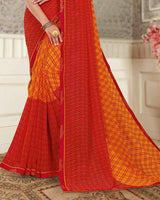Vishal Prints Pumpkin Orange And Dark Red Printed Georgette Saree With Fancy Border