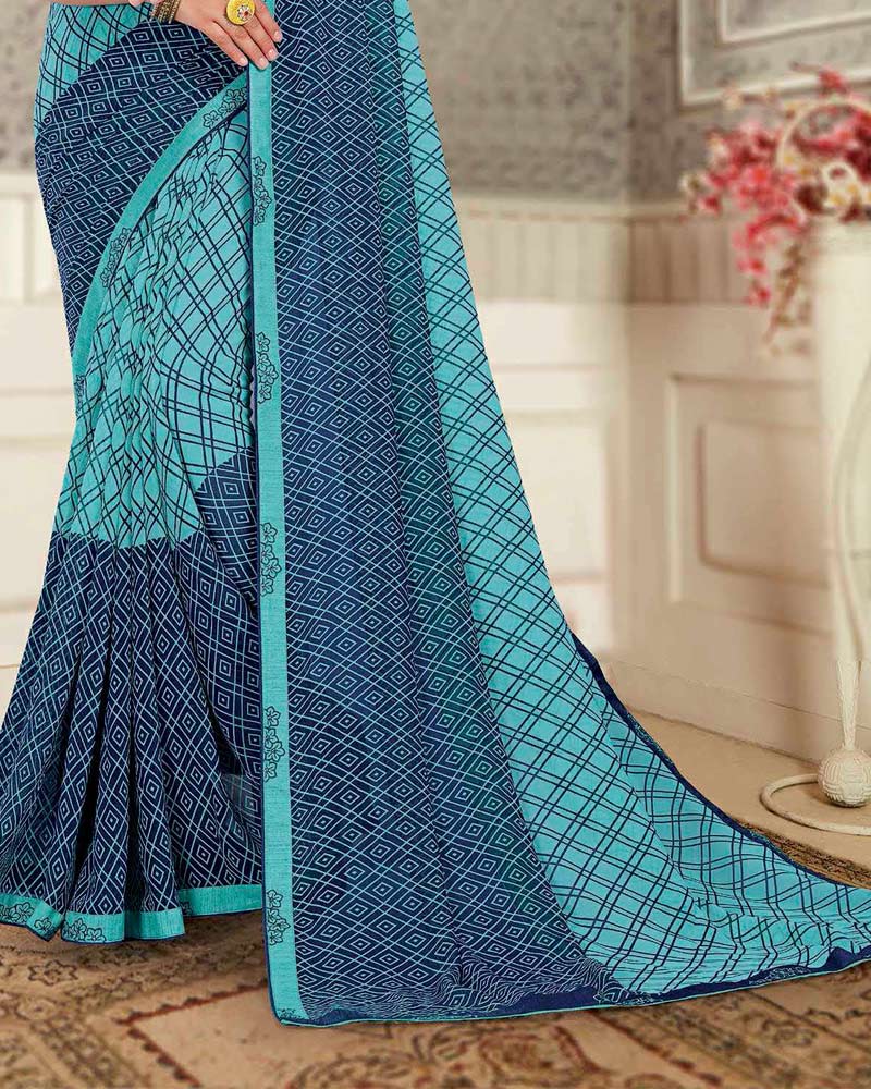 Vishal Prints Northern And Dark Regal Blue Printed Georgette Saree With Fancy Border