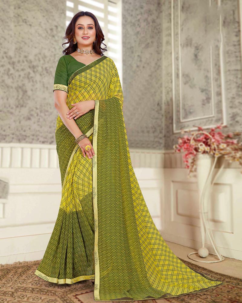 Vishal Prints Olive Yellow And Green Printed Georgette Saree With Fancy Border