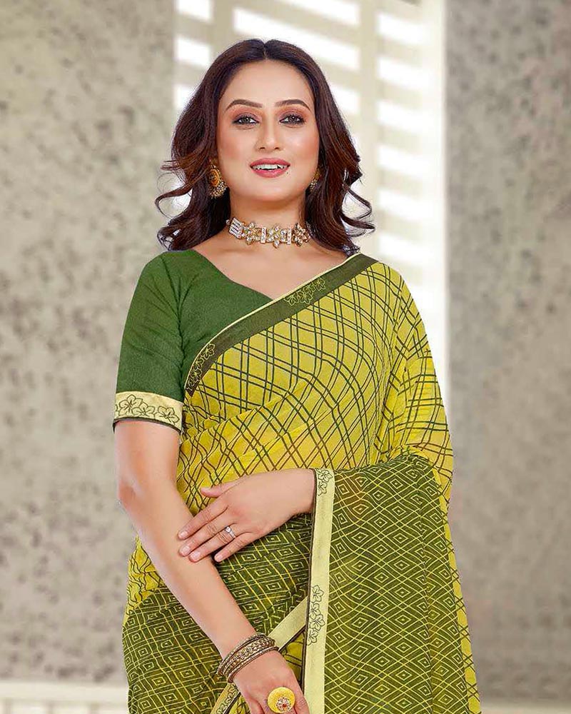 Vishal Prints Olive Yellow And Green Printed Georgette Saree With Fancy Border