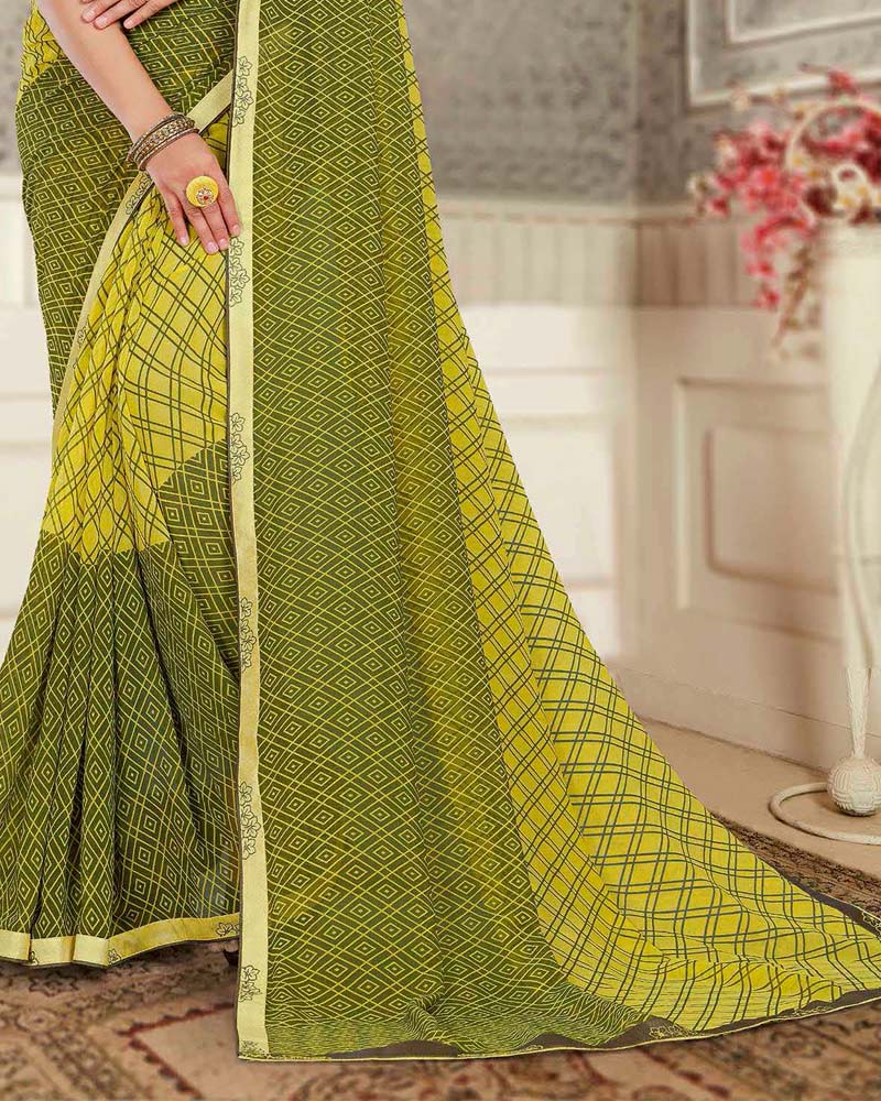 Vishal Prints Olive Yellow And Green Printed Georgette Saree With Fancy Border