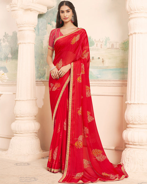 Vishal Prints Cherry Red Designer Patterned Chiffon Saree With Foil Print And Printed Fancy Border