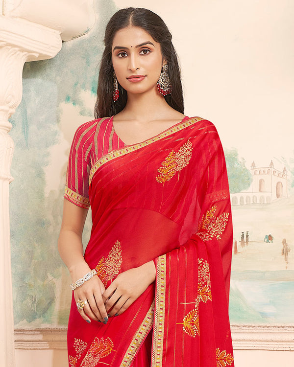 Vishal Prints Cherry Red Designer Patterned Chiffon Saree With Foil Print And Printed Fancy Border