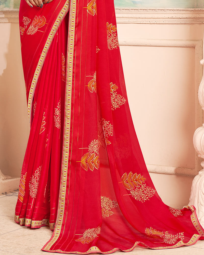Vishal Prints Cherry Red Designer Patterned Chiffon Saree With Foil Print And Printed Fancy Border