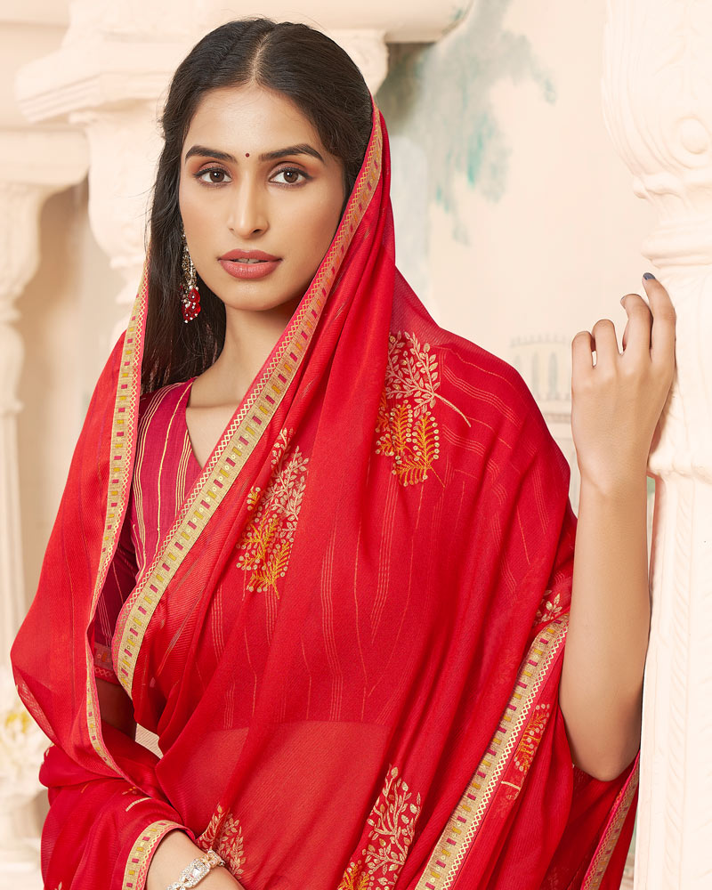 Vishal Prints Cherry Red Designer Patterned Chiffon Saree With Foil Print And Printed Fancy Border