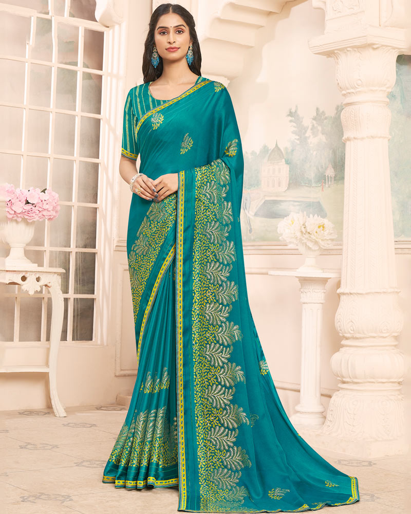 Vishal Prints Teal Green Designer Patterned Chiffon Saree With Foil Print And Printed Fancy Border