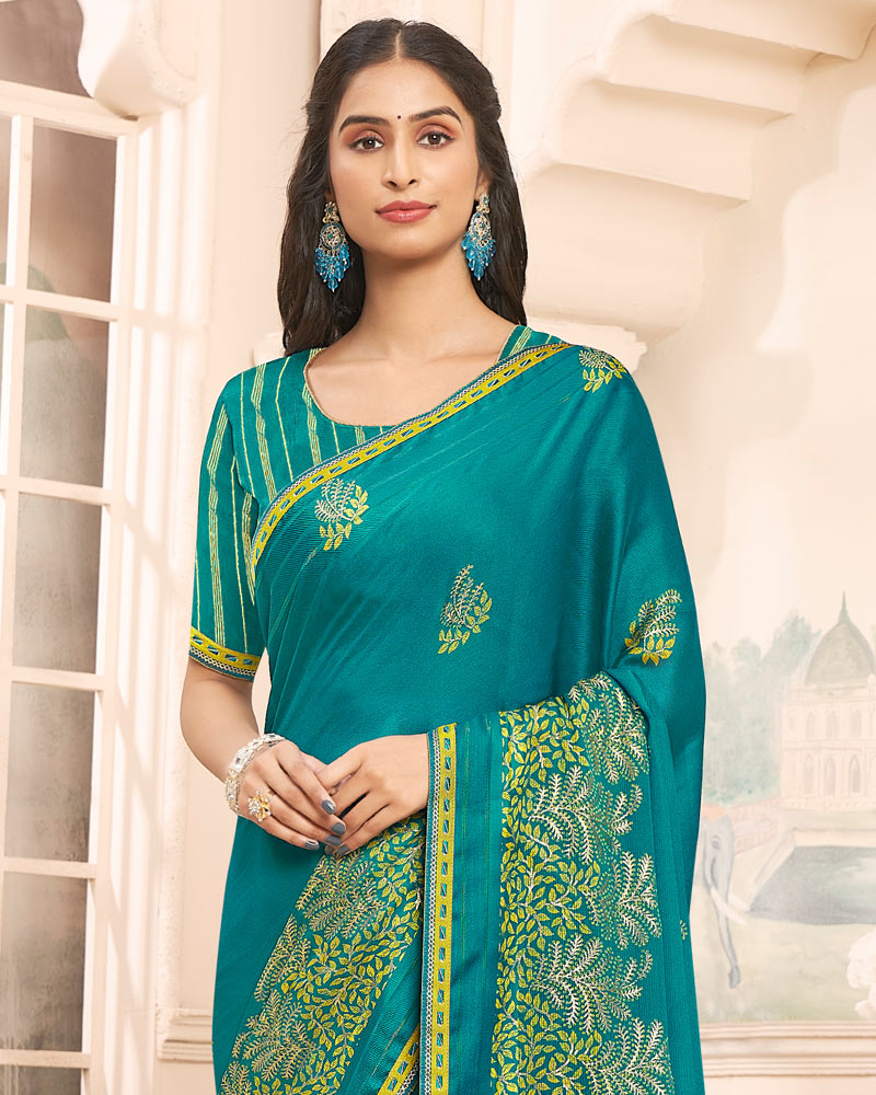 Vishal Prints Teal Green Designer Patterned Chiffon Saree With Foil Print And Printed Fancy Border