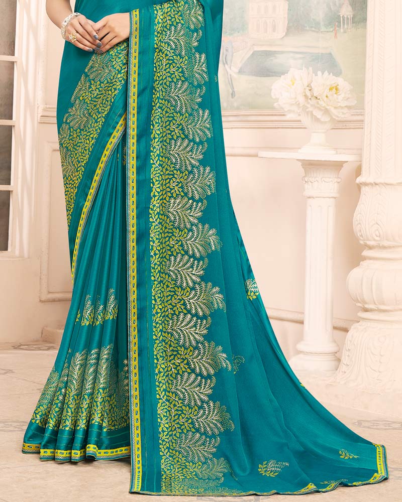 Vishal Prints Teal Green Designer Patterned Chiffon Saree With Foil Print And Printed Fancy Border