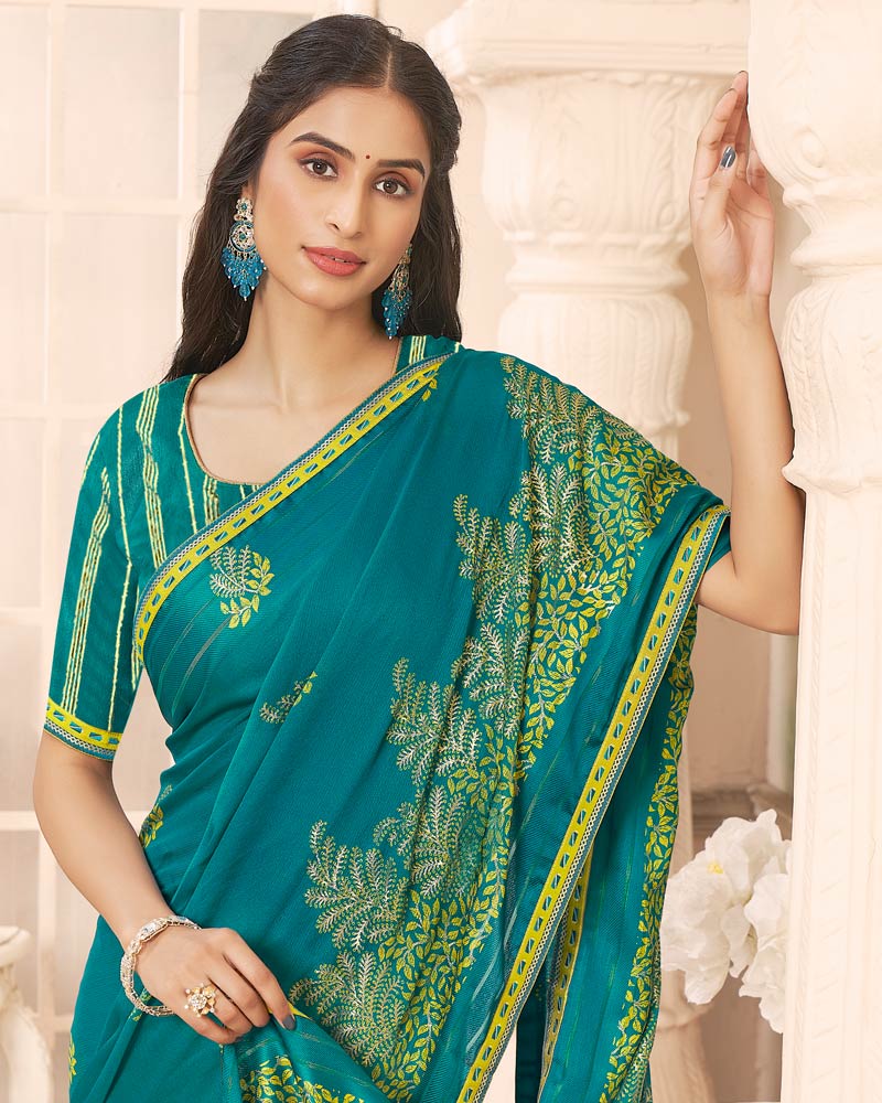 Vishal Prints Teal Green Designer Patterned Chiffon Saree With Foil Print And Printed Fancy Border