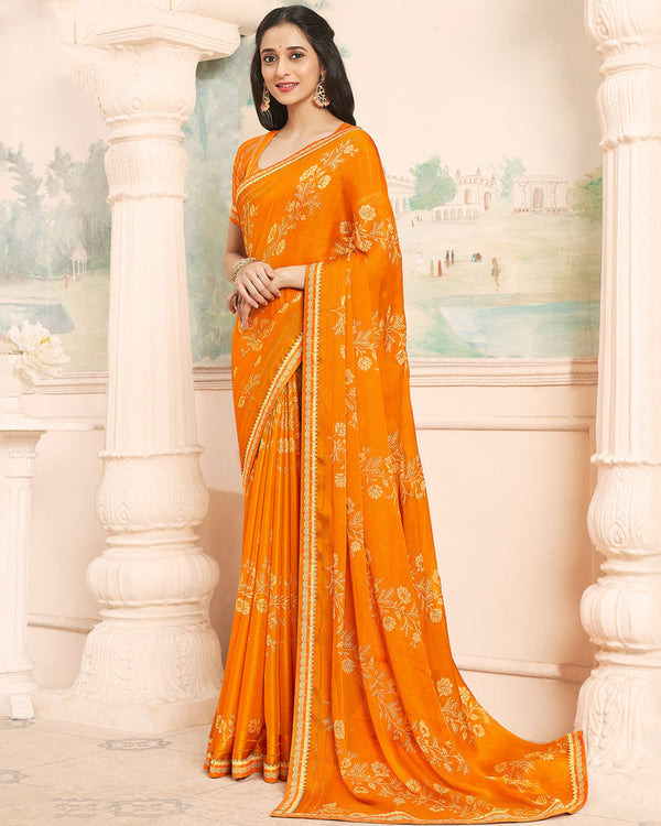 Vishal Prints Orange Designer Patterned Chiffon Saree With Foil Print And Printed Fancy Border