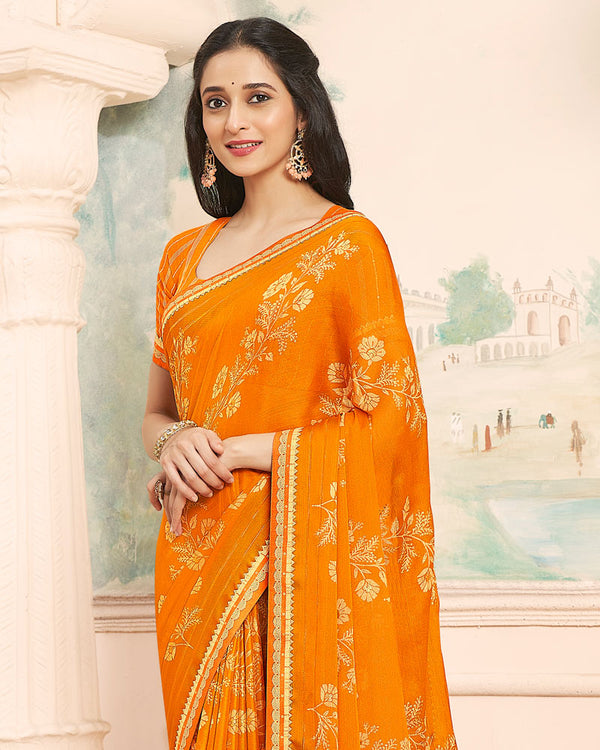 Vishal Prints Orange Designer Patterned Chiffon Saree With Foil Print And Printed Fancy Border