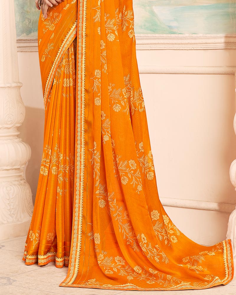 Vishal Prints Orange Designer Patterned Chiffon Saree With Foil Print And Printed Fancy Border