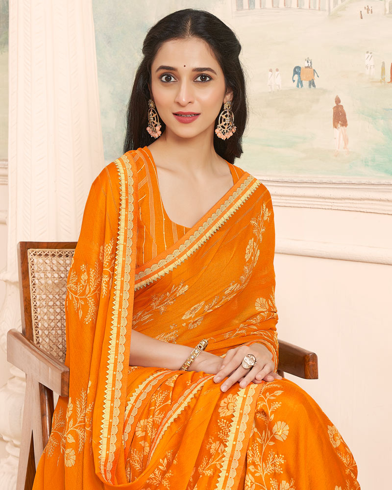 Vishal Prints Orange Designer Patterned Chiffon Saree With Foil Print And Printed Fancy Border