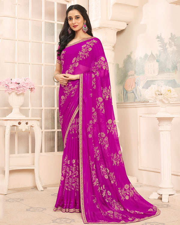 Vishal Prints Dark Fuchsia Designer Patterned Chiffon Saree With Foil Print And Printed Fancy Border