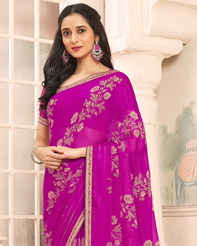 Vishal Prints Dark Fuchsia Designer Patterned Chiffon Saree With Foil Print And Printed Fancy Border