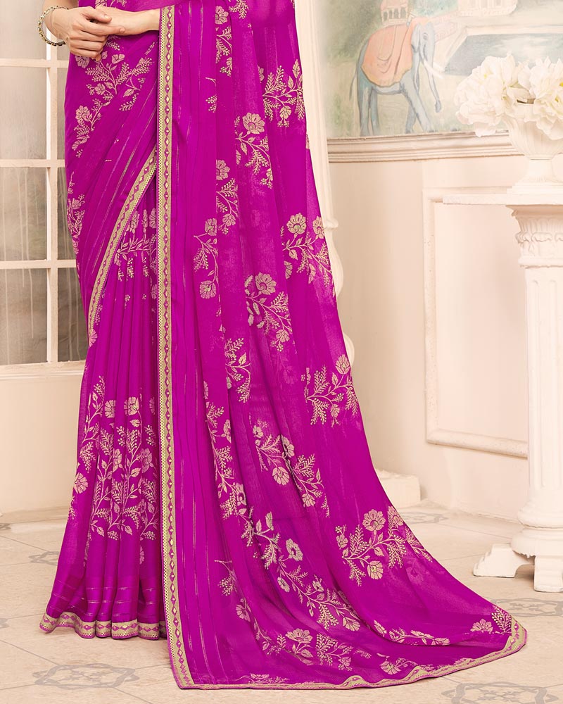 Vishal Prints Dark Fuchsia Designer Patterned Chiffon Saree With Foil Print And Printed Fancy Border