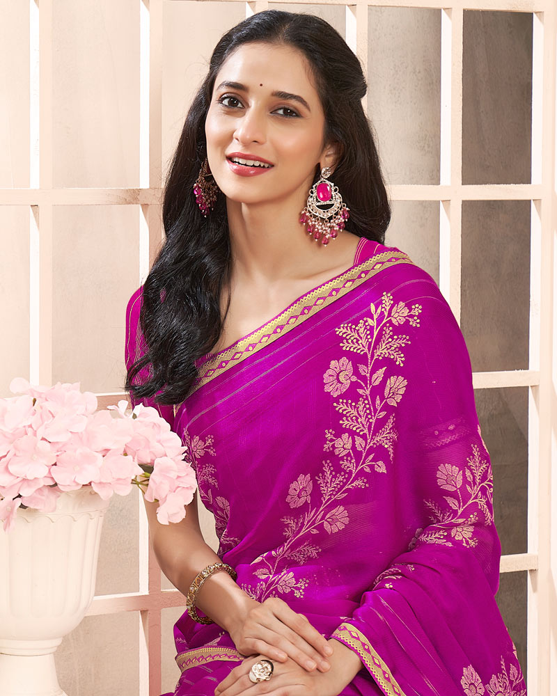 Vishal Prints Dark Fuchsia Designer Patterned Chiffon Saree With Foil Print And Printed Fancy Border
